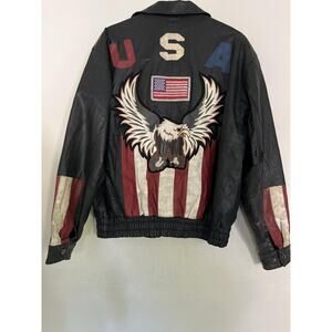American Rider Jacket Mens S Black Leather USA Eagle Flag Biker Motorcycle Flaw